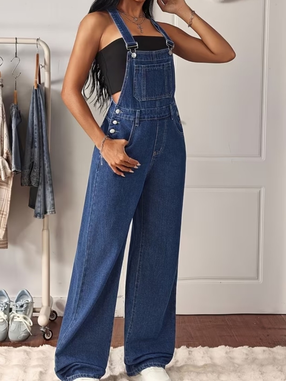 Wide-Leg Denim Overalls - Blue Women Bibs